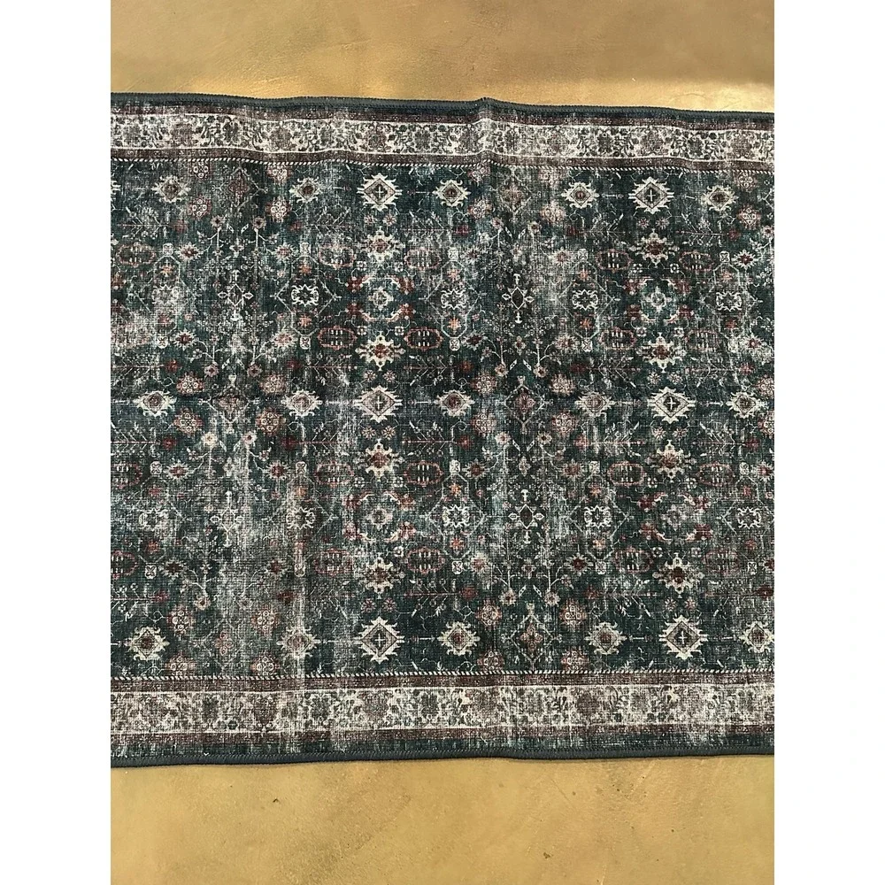 Washable Rug Adiva Lavinia 'Antrasit' Runner Dark Teal Blue Burgundy Red 2'6